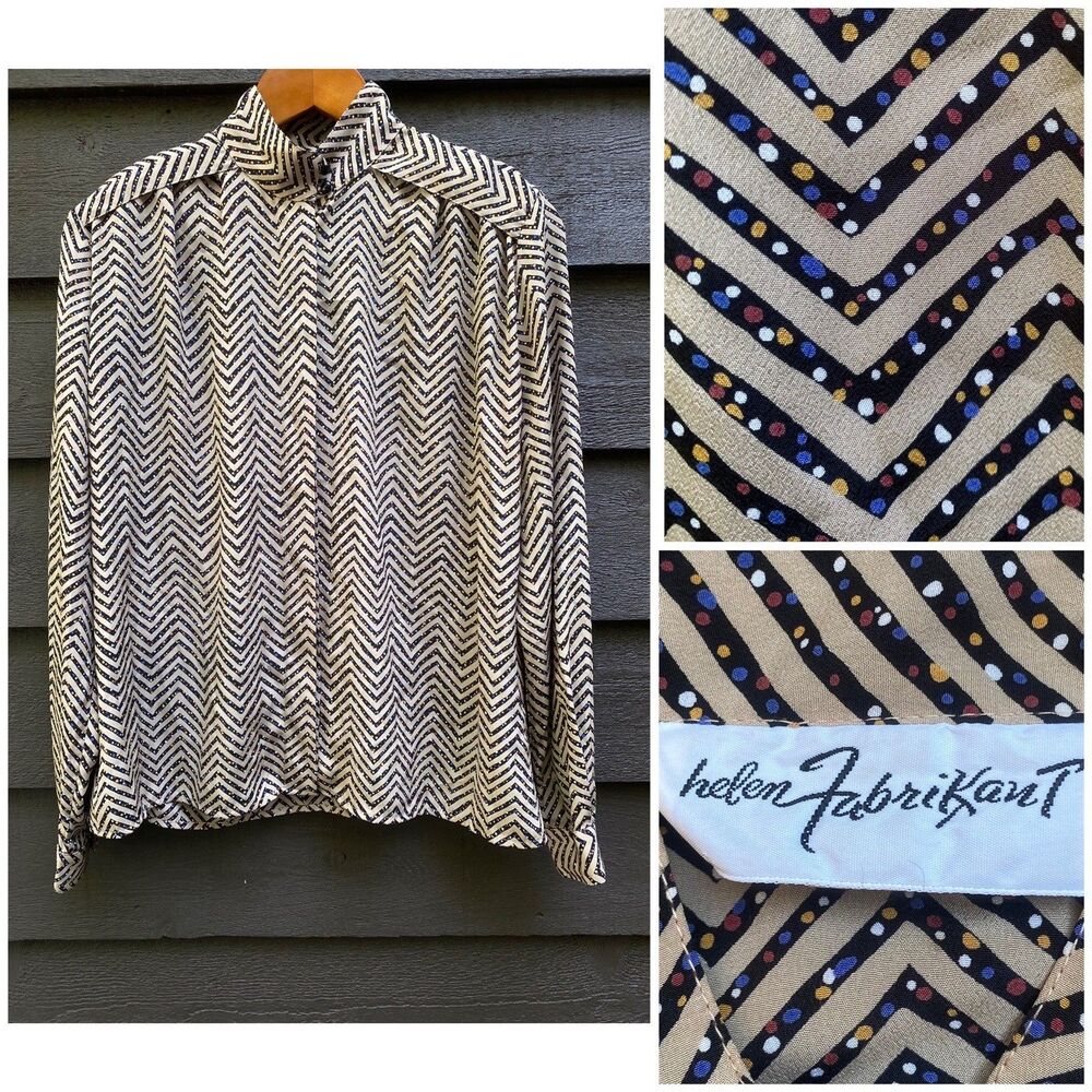 Vintage Helen Fabricant Blouse 10 Chevron Print 80s Office Shoulder Pads Beige